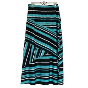 Kim Rogers Bright Aqua & Black Striped Bold Stretch Maxi Skirt Wrinkle-free S